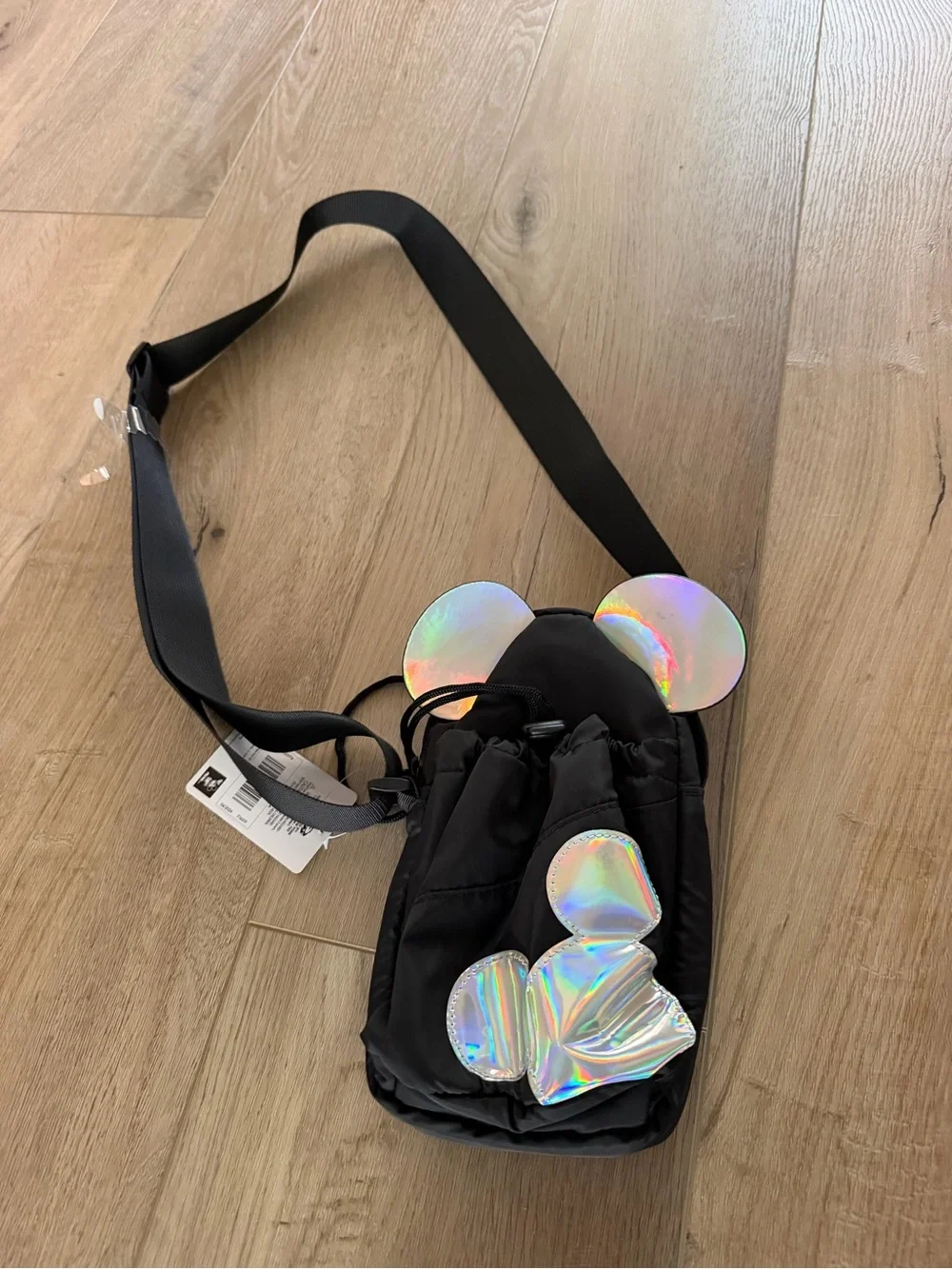 Black Holographic Accent Crossbody Bag water bottle sling bag with Mickey Mouse